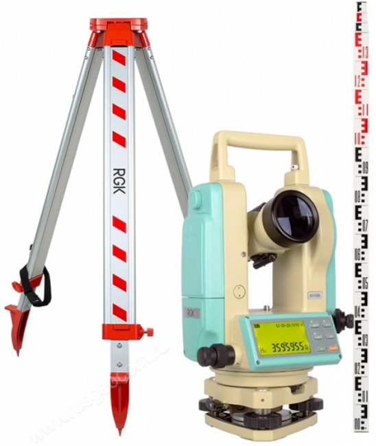 Комплект теодолит RGK T-05 (лазерный отвес) с поверкой штатив рейка - 3 в 1