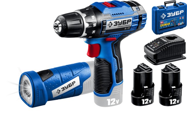 Дрель-шуруповерт + LED фонарь DL-121-22 ЗУБР 2 АКБ