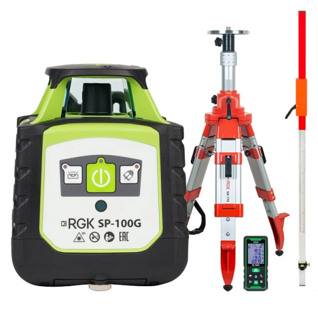 Комплект: ротационный нивелир RGK SP-100G + элевационный штатив RGK SH-170 + рейка RGK LR-2 + дальномер RGK DL100G Комплект: ротационный нивелир RGK SP-100G + элевационный штатив RGK SH-170 + рейка RGK LR-2 + дальномер RGK DL100G
